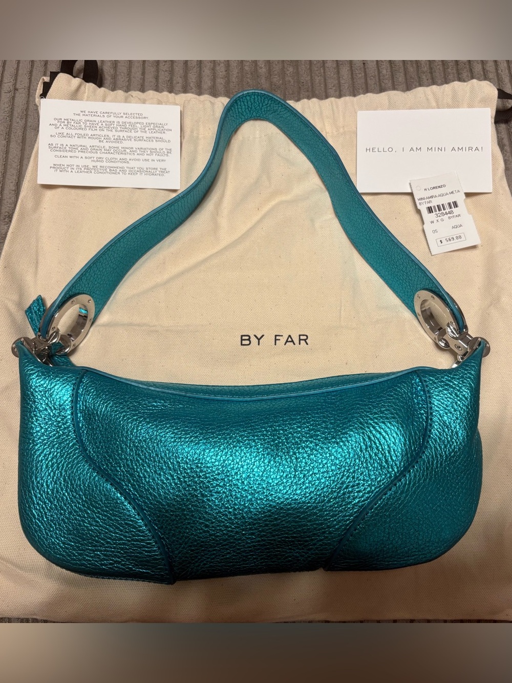 BY FAR Mini Amira Aqua Metallic Leather Shoulder Bag